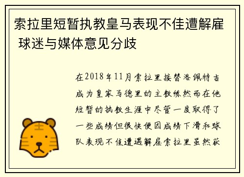 索拉里短暂执教皇马表现不佳遭解雇 球迷与媒体意见分歧